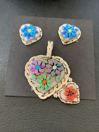 Zuni Multi-Color Opal & Mother of Pearl Necklace Pendant Earrings Set | Sterling Silver | Authentic Native American Handmade | 12560