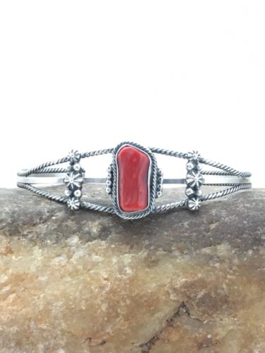 Native American Red Coral Navajo Bracelet | Sterling Silver | Authentic Handmade | 4731