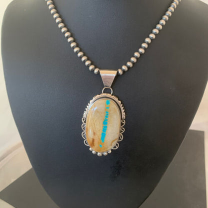 Men's Navajo Pearls Necklace | Sterling Silver Blue Boulder Turquoise Pendant | Native American Handmade | 1534