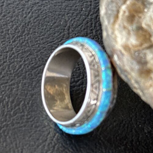 Navajo Blue Opal Inlay Eternity Band Ring | Sterling Silver | Sz 8 | Authentic Native American Handmade | 14544