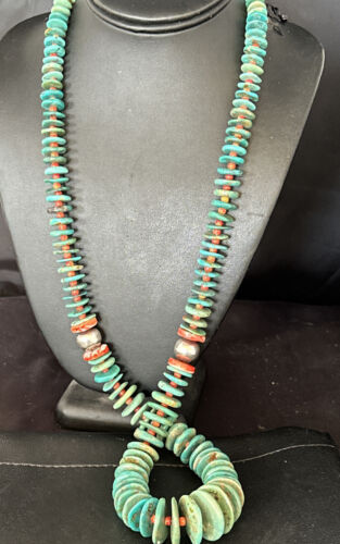 Navajo Turquoise & Red Spiny Oyster Necklace | Sterling Silver | Authentic Native American | 32" | 14376