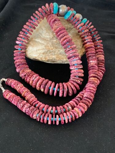 USA Purple Spiny Oyster & Turquoise Navajo Pearls Sterling Necklace 28" 3239