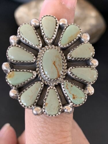 Navajo Green Turquoise Cluster Ring | Authentic Native American Sterling Silver | Multi-Stone | Sz 7.5 | 12191