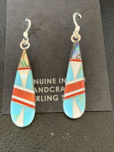 Navajo Multi-Color Turquoise Spiny Opal Inlay Earrings | Sterling Silver | 1.5" | 12999