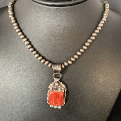 Navajo Red Spiny Oyster Square Pendant Necklace | Sterling Silver | Authentic Native American Handmade | 13634
