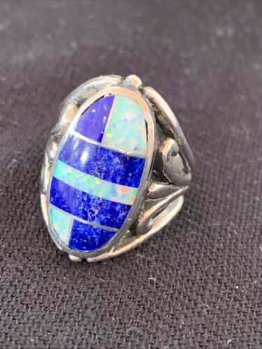 Native American Navajo Lapis & Opal Inlay Ring | Sterling Silver | Sz 7 | 01483 - Masha USA