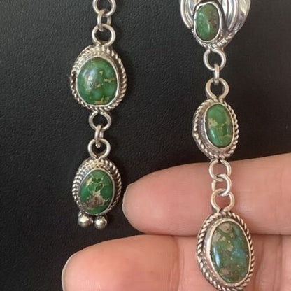 Navajo Sterling Silver Dangle Earrings | Green & Sonoran Gold Turquoise | Authentic Native American Handmade | 1213