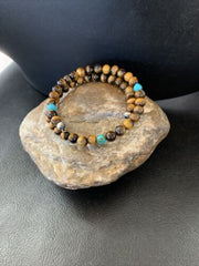 Stainless Steel Memory Wire Bracelet | Tiger's Eye & Turquoise | Southwestern Navajo Style | 1419