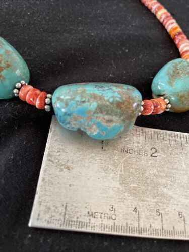 Chunky Turquoise Navajo Pearls | Sterling Silver | Red Spiny Oyster | 22" | Necklace 1239