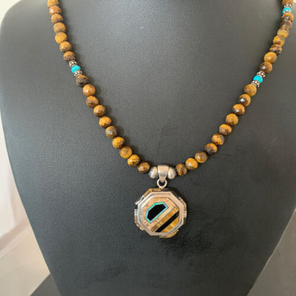 Navajo Tiger's Eye & Spiny Oyster Necklace | Sterling Silver Pearls | 20" | Inlay | Authentic Native American Handmade | 01459