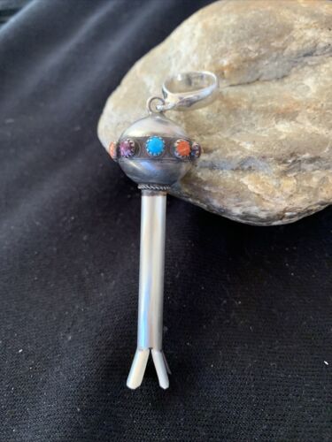 Navajo Blue Turquoise Multi-Color Naja Pendant | Sterling Silver | Authentic Native American Handmade | 01156