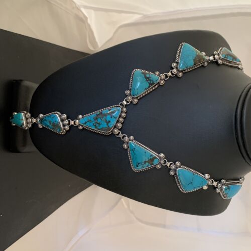 Navajo Lariat Necklace | Spiderweb Turquoise Pendant | Sterling Silver Navajo Pearls | 1187