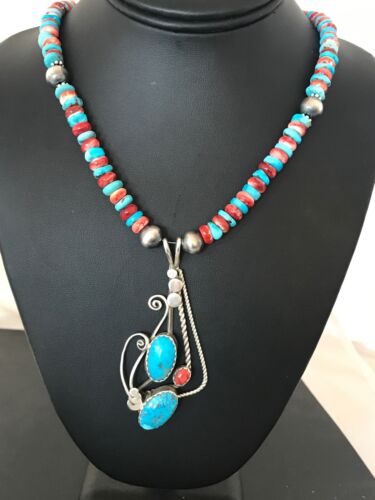 Navajo Kingman Turquoise & Spiny Oyster Pendant Necklace | Sterling Silver | 8659