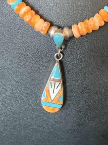 Navajo Pearls, Orange Spiny Oyster & Turquoise Sterling Silver Necklace with Pendant | Authentic Native American | 12704