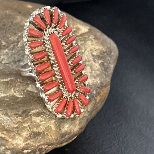 Navajo Red Coral Multi-Stone Cluster Ring | Authentic Native American Sterling Silver | Sz 8 | 14571