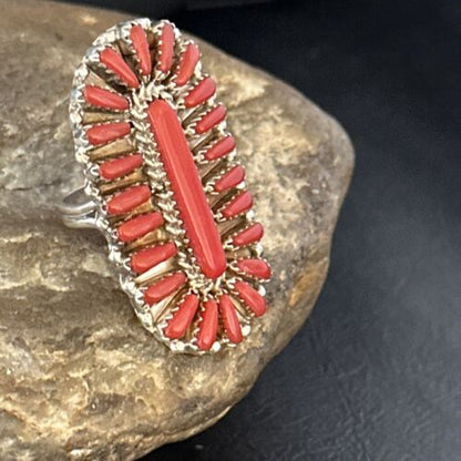Navajo Red Coral Multi-Stone Cluster Ring | Authentic Native American Sterling Silver | Sz 8 | 14571