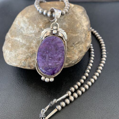 Navajo Pearls Necklace with Purple Sugilite Pendant | Sterling Silver | Authentic Native American Handmade | 10911