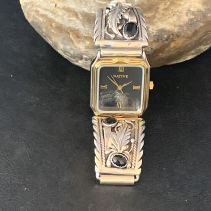 Authentic Native American Navajo Sterling Silver Watch Tips | Feather Design with Black Onyx Band | 14398