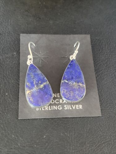 Navajo Blue Lapis Lazuli Dangle Drop Earrings | Sterling Silver | 1" | Authentic Native American Handmade | 14089