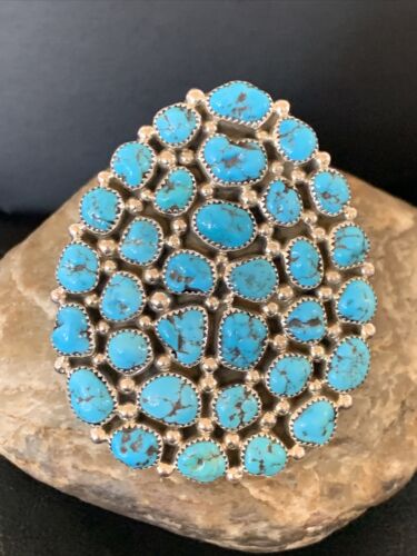 Navajo Kingman Turquoise Cluster Ring | Authentic Native American Sterling Silver | Multi-Stone | Sz 7 | 12226