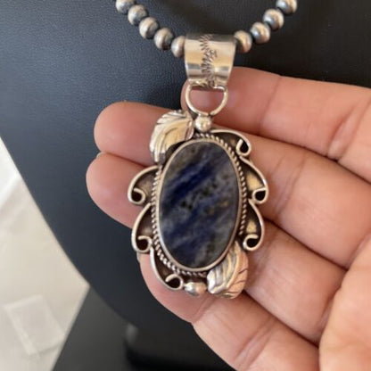 Men's Handmade Navajo Sterling Silver Beads Necklace | Lapis Pendant 2" | Authentic Native American | 1208