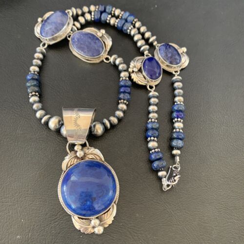 Navajo Pearl Sterling Silver Blue Lapis Necklace with 5 Pendants | Authentic Native American Handmade | 10864