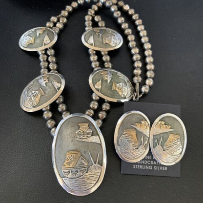 Navajo Gold Filled Sterling Silver Concho Pottery Pendant Necklace Earrings Set | Native American Handmade | 12367