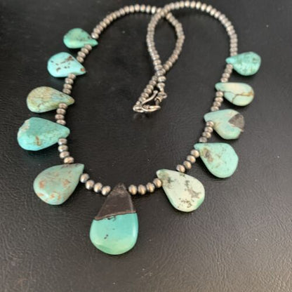 Navajo Pearls Blue Turquoise Teardrop Necklace | Sterling Silver | 20" | Authentic Native American Handmade | 13429