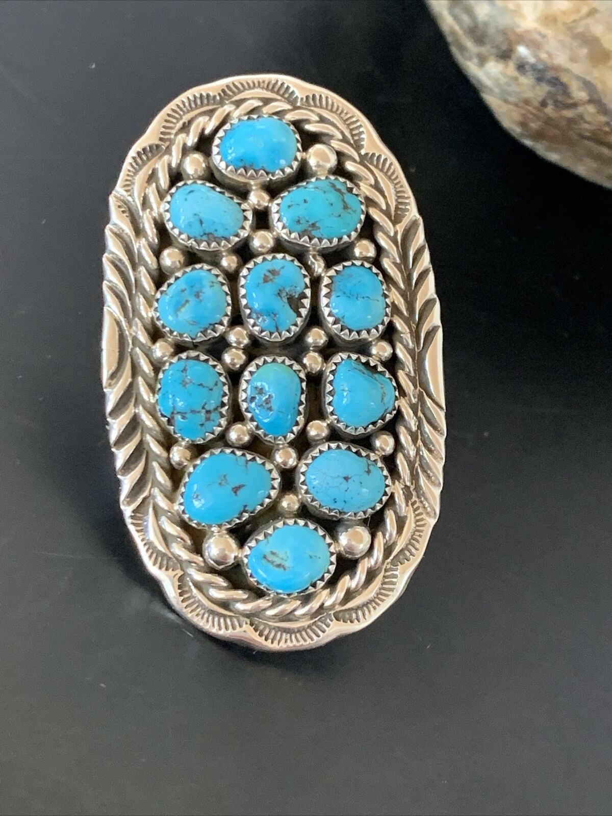 Navajo Blue Kingman Turquoise Cluster Ring | Authentic Native American Sterling Silver | Multi-Stone | Sz 6.5 | 11511