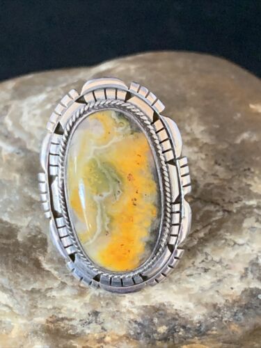 Navajo Yellow Bumble Bee Jasper Ring | Sterling Silver | Sz 8.75 | Authentic Native American Handmade | 13778