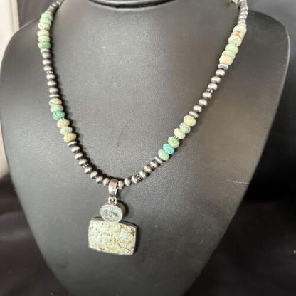 Navajo Pearls Necklace with Wild Horse Turquoise Pendant | Sterling Silver | Authentic Native American Handmade | 13906