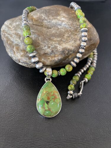 Women's Navajo Pearl Necklace with Green Mojave Turquoise Pendant | Sterling Silver | Native American Handmade | 10581