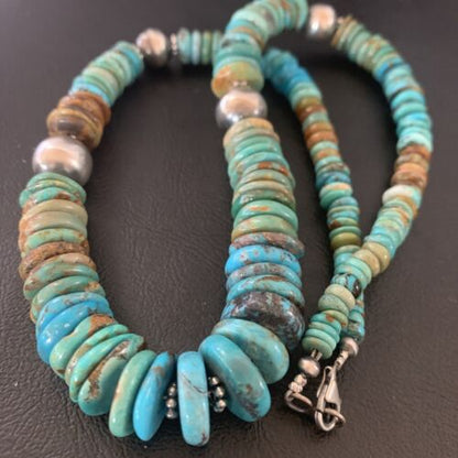 Navajo Blue Green Turquoise Necklace | Sterling Silver | Authentic Native American | 22" | Graduated | 11899