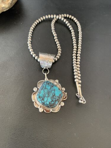 Men's Navajo Blue Spiderweb Turquoise Pendant Necklace | Sterling Silver | Authentic Native American Handmade | 10663