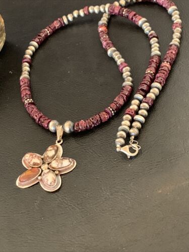 Navajo Sterling Silver Wild Horse Pendant | Authentic Native American Purple Spiny Oyster Necklace | Multi-Stone | 12330