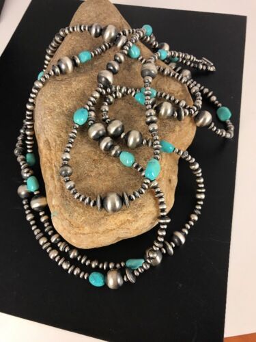 Navajo Pearls Sleeping Beauty Turquoise Necklace | 70" Single Strand | Sterling Silver | Southwestern | 8051