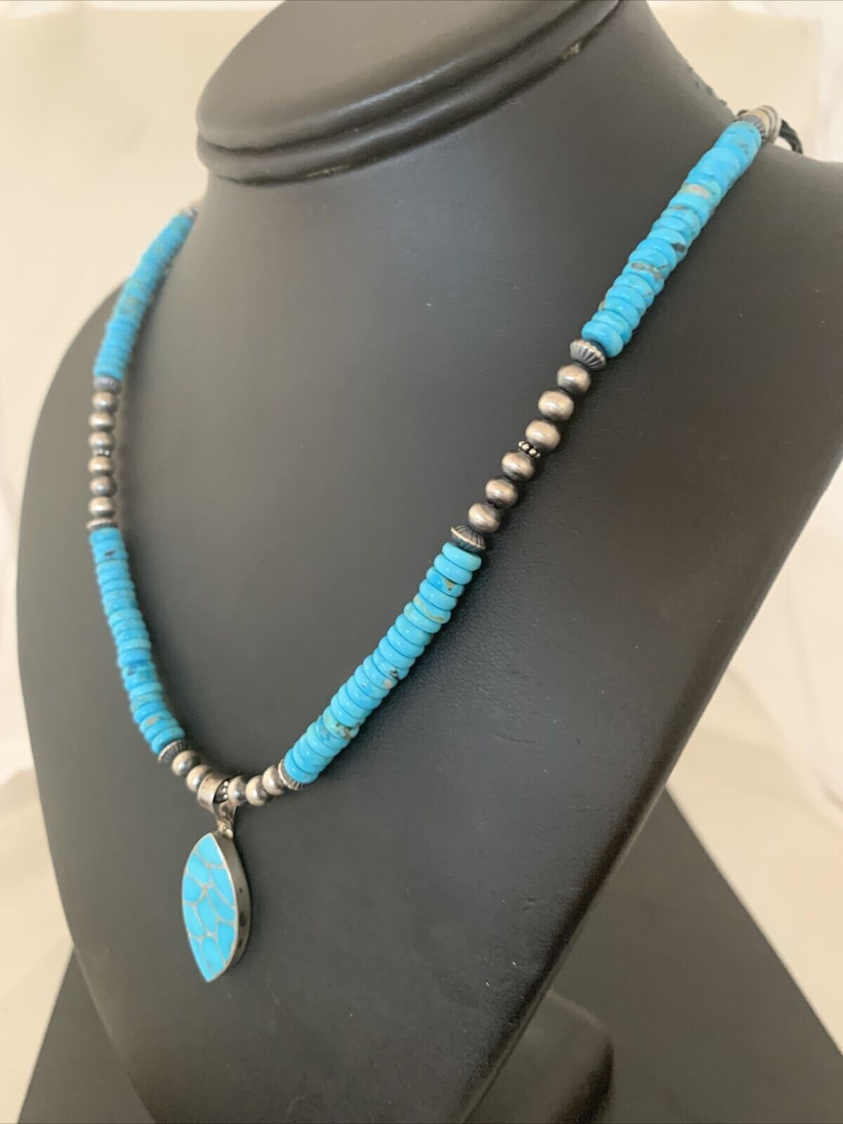 Zuni Blue Turquoise Necklace with Inlay Pendant | Sterling Silver | Authentic Native American Handmade | 02092