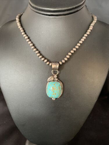 Men's Blue Turquoise #8 Necklace Pendant | Sterling Silver Navajo Pearls | Native American Handmade | 13765