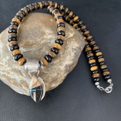 Navajo Sterling Silver Inlay Necklace with Black Onyx, Tigers Eye, Picture Jasper | 22" | 13761