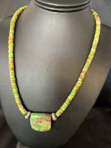 Navajo Green Gaspeite Turquoise Pendant | Sterling Silver | Authentic Native American Handmade | 13900