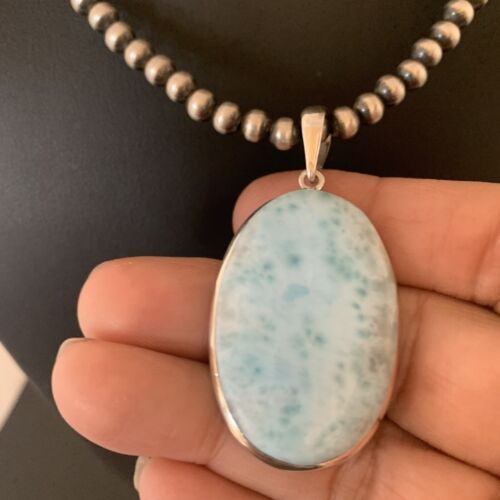 Navajo Blue Larimar Pendant Beads Necklace | Sterling Silver | Authentic Native American Handmade | 1763 - Masha USA
