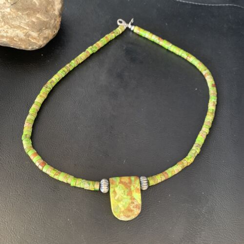 Navajo Green Gaspeite Turquoise Pendant | Sterling Silver | Authentic Native American Handmade | 13914 - Masha USA