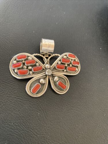 Navajo Red Coral Butterfly Pendant | Authentic Native American Sterling Silver | Multi-Stone | 1.5" | 1998