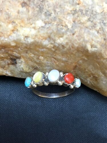 Southwestern Zuni Multi-Stone Ring | Blue Opal Coral Turquoise | Authentic Native American Sterling Silver | Multi-Stone | Sz 5.5 | 9000