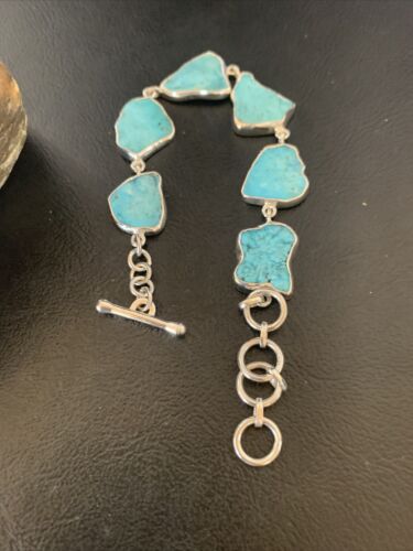 Navajo Blue Kingman Turquoise Rough Link Bracelet | Sterling Silver | 8" | 11649
