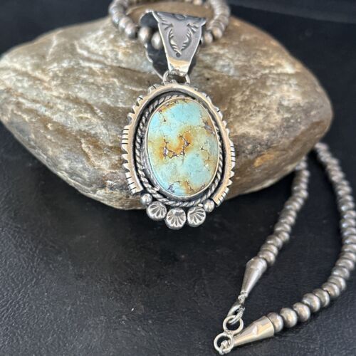 Navajo Golden Hills Turquoise Pendant Necklace | Sterling Silver | Authentic Native American Handmade | 14349