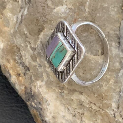 Navajo Green Turquoise Sugilite Inlay Ring | Sz 7 | Sterling Silver | Authentic Native American Handmade | 11287