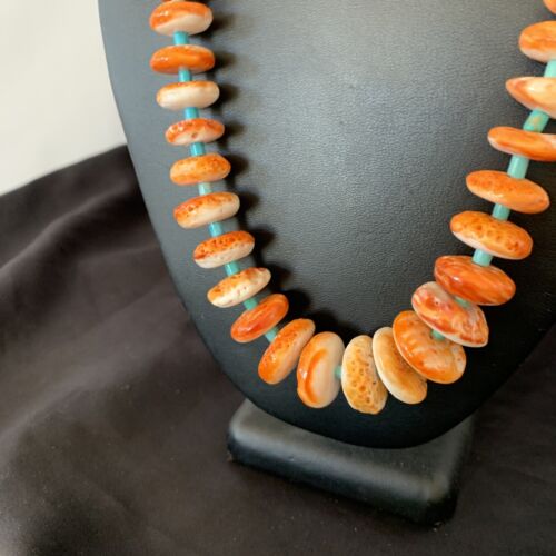 Authentic Native American Navajo Necklace | Orange Spiny Oyster & Turquoise | Sterling Silver | 22" Graduated | 11388