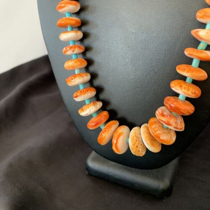 Navajo Orange Spiny Oyster & Turquoise Necklace | Sterling Silver | Authentic Native American | Graduated | 22" | 11387