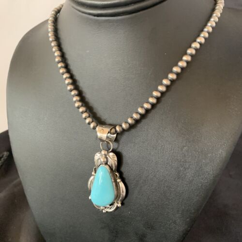 Men's Navajo Pearls Necklace with Blue Kingman Turquoise Pendant | Sterling Silver | Native American Handmade | 12592